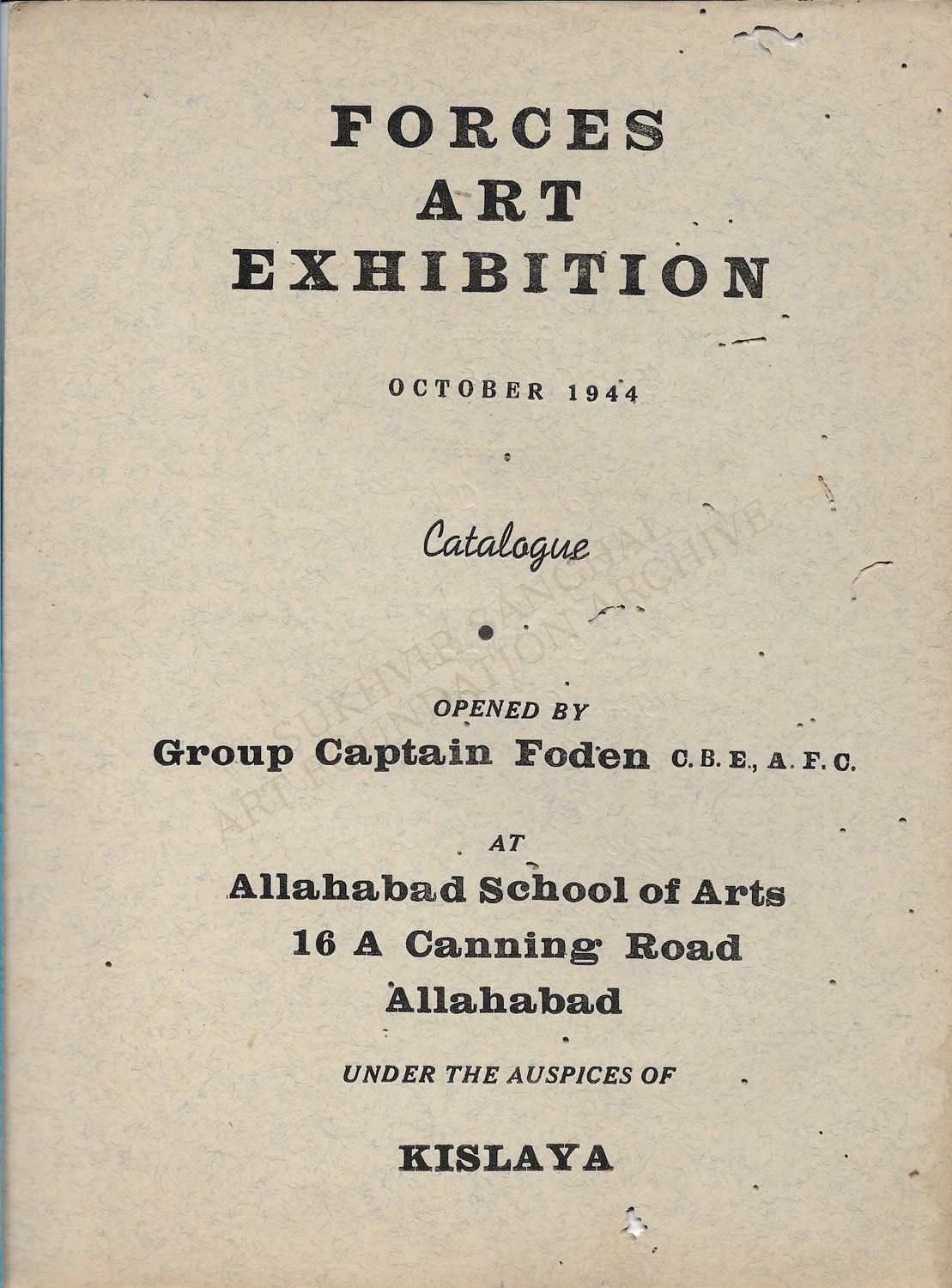 Cover Page of Forces Art Exhibition Catalogue organized by Sukhvir Sanghal in 1944